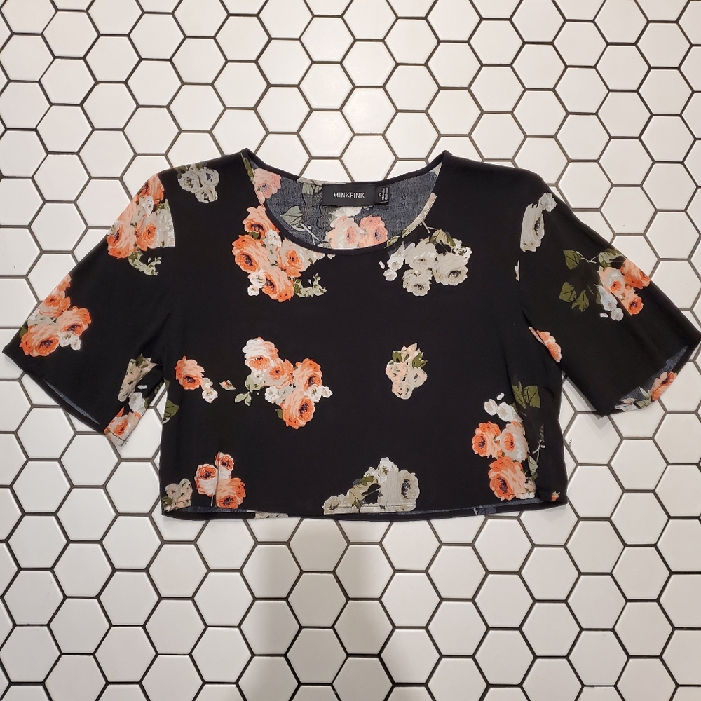 MINKPINK Women's Floral Black Pink Crop Top XS Beach Vacation Effortless